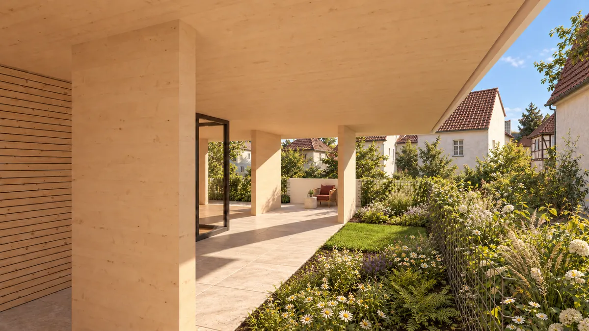 Ein überdeckter Weg zwischen Stützen aus Holz: links eine Wand aus Holzlattung und eine Glastür, rechts ein blühender Garten aus Stauden und Gräsern mit einer Rasenfläche; dahinter die Ziegeldächer der Nachbarhäuser.